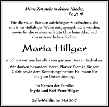 Traueranzeige von Maria Hillger von Südthüringer Presse