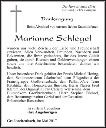 Traueranzeige von Marianne Schlegel von Südthüringer Presse