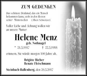 Traueranzeige von Helene Menz von Südthüringer Presse