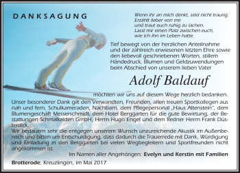 Traueranzeige von Adolf Baldauf von Südthüringer Presse