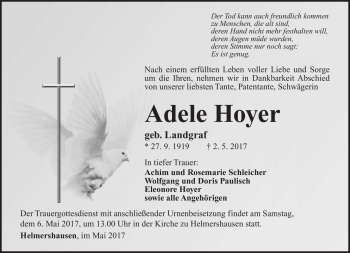 Traueranzeige von Adele Heyer von Südthüringer Presse