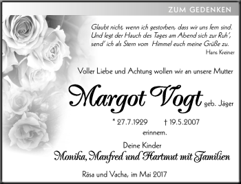 Traueranzeige von Margot Vogt von Südthüringer Presse