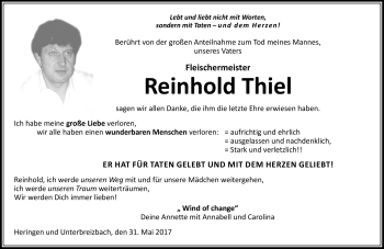 Traueranzeige von Reinhold Thiel von Südthüringer Presse