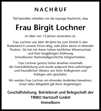 Traueranzeige von Birgit Lochner von Südthüringer Presse