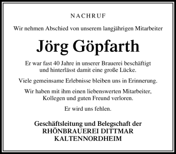 Traueranzeige von Jörg Göpfarth von Südthüringer Presse