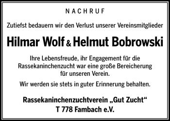 Traueranzeige von HelmutHilmar BobrowskiWolf von Südthüringer Presse