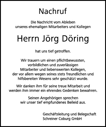 Traueranzeige von Jörg Döring von Neue Presse Coburg