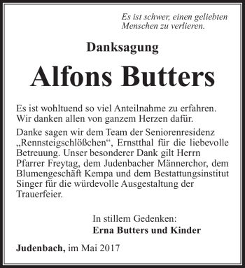 Traueranzeige von Alfons Butters von Südthüringer Presse