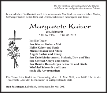 Traueranzeige von Margarete Kaiser von Südthüringer Presse