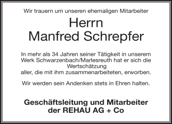 Traueranzeige von Manfred Schrepfer von Frankenpost