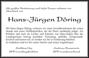 Traueranzeige von Hans-Jürgen Döring von Südthüringer Presse