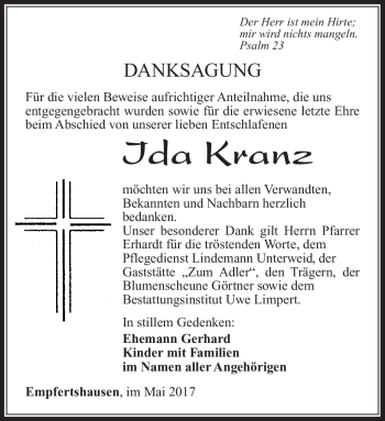 Traueranzeige von Ida Kranz von Südthüringer Presse