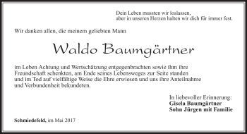 Traueranzeige von Waldo Baumgärtner von Südthüringer Presse