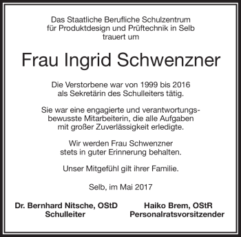 Traueranzeige von Ingrid Schwenzner von Frankenpost