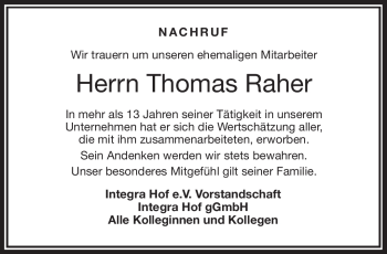 Traueranzeige von Thomas Raher von Frankenpost