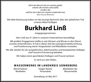 Traueranzeige von Burkhard Linß von Südthüringer Presse