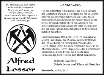 Traueranzeige von Alfred Lesser von Südthüringer Presse