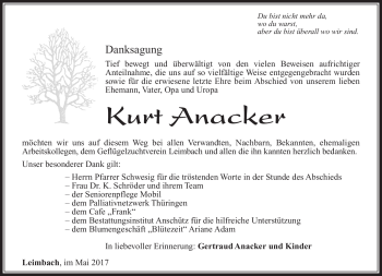 Traueranzeige von Kurt Anacker von Südthüringer Presse