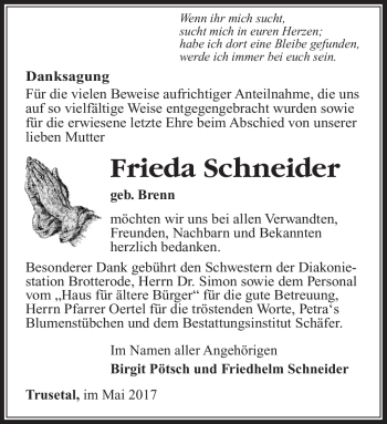 Traueranzeige von Frieda Schneider von Südthüringer Presse