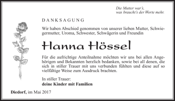 Traueranzeige von Hanna Hössel von Südthüringer Presse