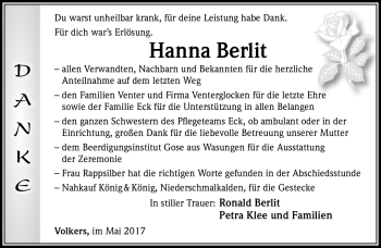 Traueranzeige von Hanna Berlit von Südthüringer Presse