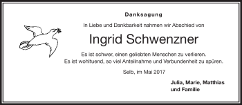 Traueranzeige von Ingrid Schwenzner von Frankenpost