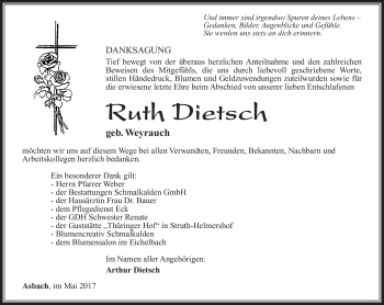 Traueranzeige von Ruth Dietsch von Südthüringer Presse