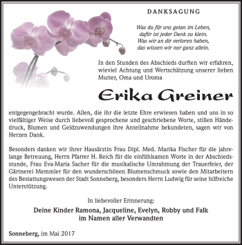 Traueranzeige von Erika Greiner von Südthüringer Presse