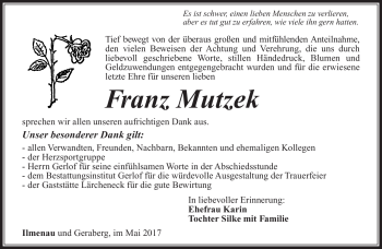 Traueranzeige von Franz Mutzek von Südthüringer Presse