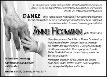 Traueranzeige von Änne Hofmann von Südthüringer Presse