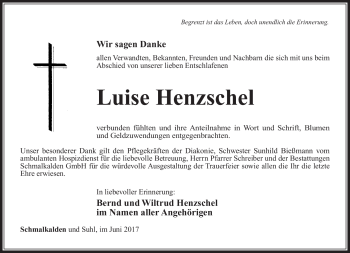 Traueranzeige von Luise Henzschel von Südthüringer Presse