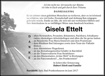 Traueranzeige von Gisela Ettel von Südthüringer Presse