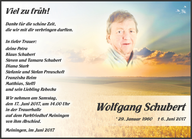  Traueranzeige für Wolfgang Schubert vom 10.06.2017 aus 23086