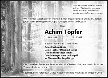 Traueranzeige von Achim Töpfer von Südthüringer Presse