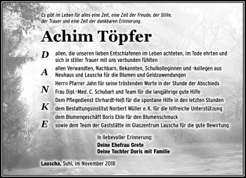 Traueranzeige von Achim Töpfer von Südthüringer Presse