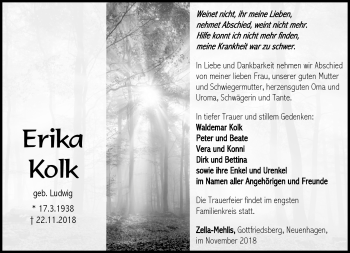 Traueranzeige von Erika Kolk von Südthüringer Presse