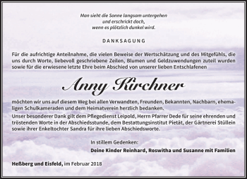 Traueranzeige von Anny Kirchner von Südthüringer Presse