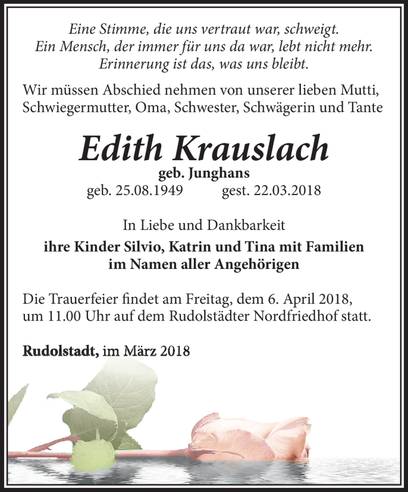 Traueranzeigen von Edith Krauslach franken gedenkt.de