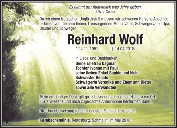 Traueranzeige von Reinhard Wolf von Südthüringer Presse