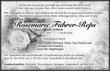 Traueranzeige von Rosemarie Führer-Reps von Südthüringer Presse