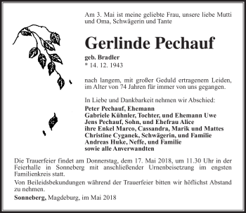 Traueranzeige von Gerlinde Pechauf von Südthüringer Presse
