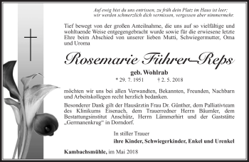 Traueranzeige von Rosemarie Führer-Preps von Südthüringer Presse