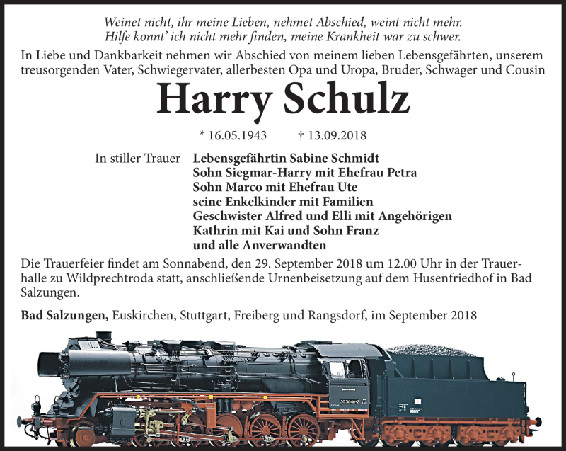  Traueranzeige für Harry Schulz vom 25.09.2018 aus Südthüringer Presse