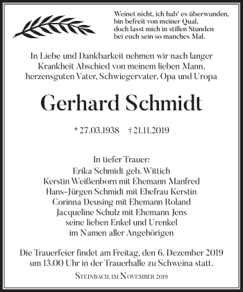 Traueranzeige von Gerhard Schmidt von Südthüringer Presse