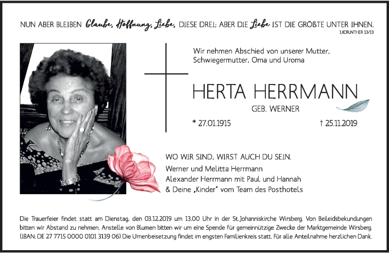 Traueranzeigen Von Herta Herrmann Franken Gedenkt De