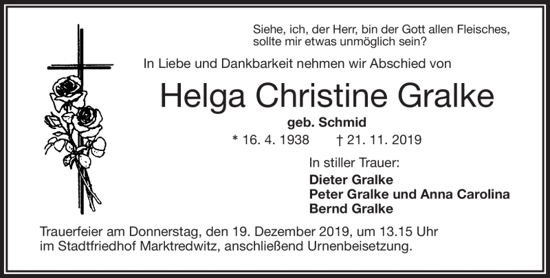  Traueranzeige für Helga Christine Gralke vom 14.12.2019 aus Frankenpost