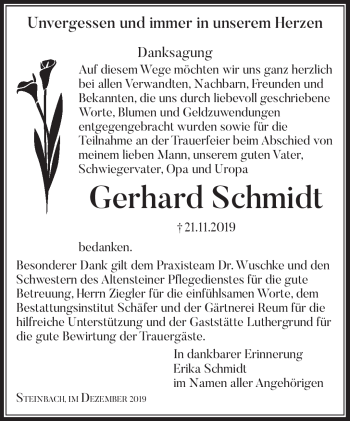 Traueranzeige von Gerhard Schmidt von Südthüringer Presse