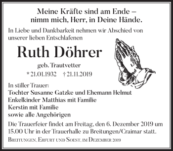 Traueranzeige von Ruth Döhrer von Südthüringer Presse