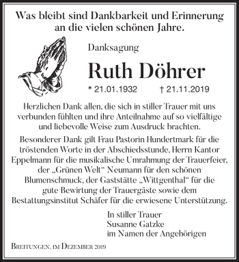 Traueranzeige von Ruth Döhrer von Südthüringer Presse