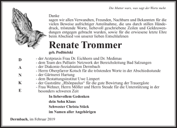 Traueranzeige von Renate Trommer von Südthüringer Presse